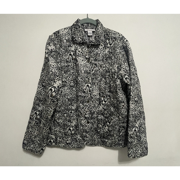 Vintage Anna & Frank Quilted Jacket Womens M 100% Silk Black White Leopard Print - Picture 1 of 9